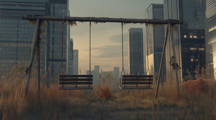 Empty abandoned playground, rusty swings without children