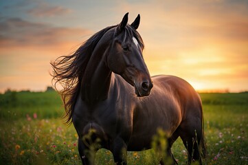 Obraz premium Sunset scene featuring a majestic Andalusian stallion