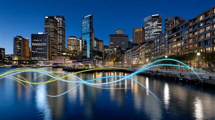 Fototapeta premium Vibrant City Skyline at Night with Reflections and Colorful Light Trails