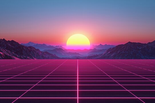 A radiant sunset over jagged peaks with a glowing grid beneath, echoing retro synth melodies.