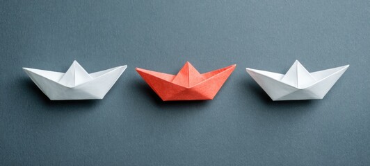 Three origami paper boats, two white and one red, aligned on a textured gray-blue surface, viewed from above