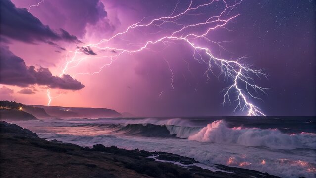 Striking Purple Lightning Storm Over City Skyline and Railway Tunnel: A Dramatic Fusion of Urban Infrastructure and Nature's Raw Power at Dusk"