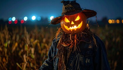 Glowing Jack-o'-Lantern Scarecrow in Rural Field Atmospheric Halloween Harvest Scene