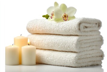 Clean stack of folded white towels with candles and orchid blossoms against a white background, symbolizing relaxation and comfort