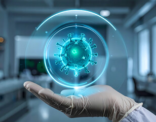 A scientist's gloved hand holds a glowing, holographic projection of a virus for research in a futuristic laboratory.