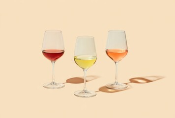 Three wine glasses with varying liquid colors are set on a neutral background, creating a clean and simple composition