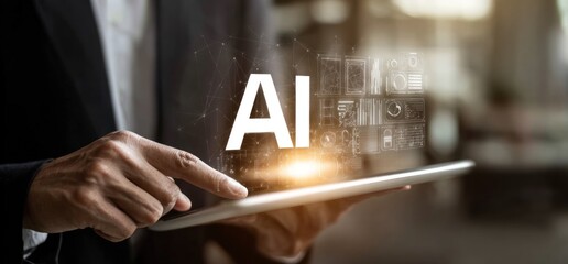 A person in a suit uses a tablet displaying "AI" and digital icons. Soft lighting highlights the tech interface in a professional setting