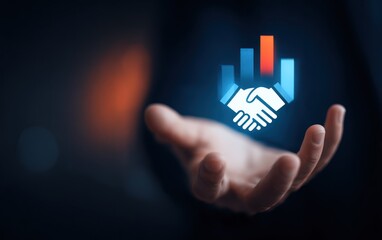 Hand presenting a stylized handshake icon overlaid with a bar graph against a blurred dark background