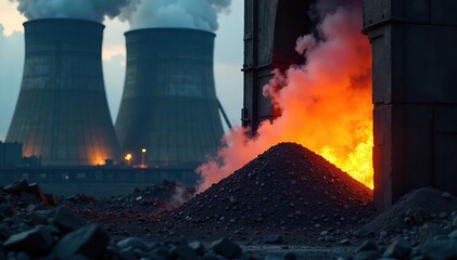 Grimy coal being shoveled into a massive industrial power plant's furnace, generating electricity Smoke billows from the smokestack against a dark sky , environment, power plant