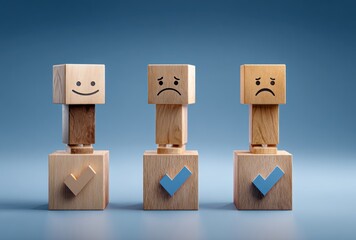 Stacked wooden cubes display varied emotions, with a checkmark base, against a soft blue background