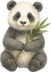 Watercolor illustration of a cute panda holding bamboo, sitting happily with soft fur and big eyes, adorable wildlife artwork perfect for kids, decor, and designs.