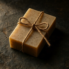 Artisanal Organic Soap Wrapped in Rustic Jute String on Dark Stone Surface for Natural Spa Aesthetic