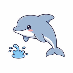 Obraz premium A cute cartoon dolphin with a happy expression jumping out of the water, creating a small splash.