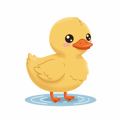 Fototapeta premium A cute yellow baby duckling character standing in a small blue puddle of water on a white background.