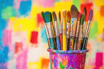 Fototapeta premium Artist's colorful paint brushes on a vibrant background