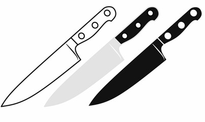 Vector illustration of European chef knife in outline, silhouette, and filled style. Professional kitchen cutlery, cooking utensil, culinary tool for restaurant and food icons