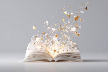 Imagine enchanting stories bursting to life with a magical open book releasing a cascade of golden stars and sparkling light, perfect for fantasy and inspiration concepts.