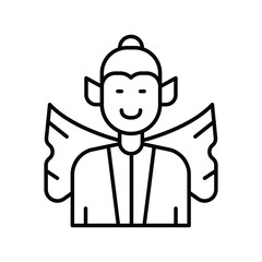 Line art of a figure with wings pointy ears and a bun smiling. Editable stroke icon