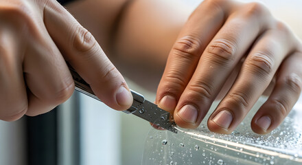 person cutting protective film with utility knife