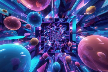 A vibrant, abstract digital vision featuring floating orbs within bounded squares.
