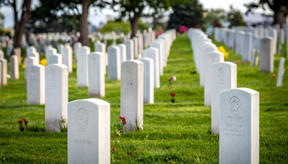 Rows of white headstones in a cemetery