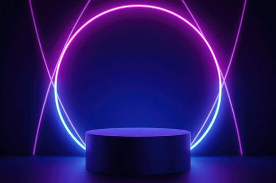 A floating platform surrounded by luminous neon rings in an abstract digital environment with pink and blue highlights - Powered by Adobe