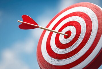 A red and white target has been pierced by a red and tan arrow against a partly cloudy blue sky backdrop