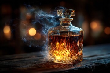 Elegant whiskey decanter with smoke trails on wood table, perfect for upscale bars and events