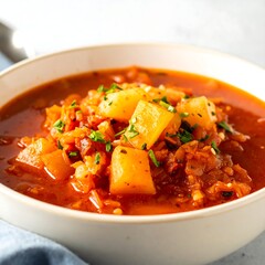 Creamy, reddish-brown soup with chunks of potato and vegetables in a bowl