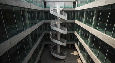 A central white spiral staircase dominates an architectural courtyard surrounded by multistory glass concrete buildings