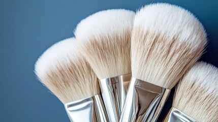 Close up of professional makeup brushes with soft white bristles on blue background
