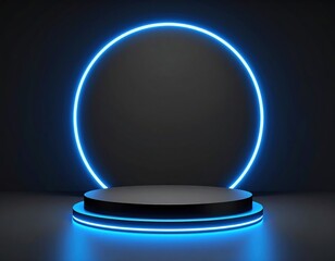 Modern black round podium stands on an illuminated base, with a large blue neon ring brightly framing the empty display stage.