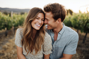 joyful couple holds hands in warm embrace of love surrounded by lush vineyards
