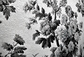 Textured wall covering, displaying detailed floral and tree patterns in grayscale, evokes a vintage or classic aesthetic