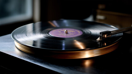 Grooves show wear, the nostalgic scene illuminated by soft light. Grooves, record, with copy space