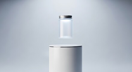 Luxury cosmetic product packaging displayed on a pedestal subtle lighting