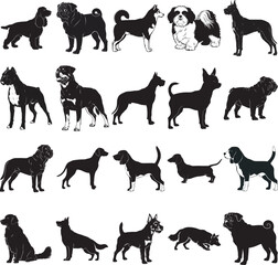 Dog Silhouette Vector Bundle – 20 Popular Breeds Pack | Black Animal Clipart on White Background