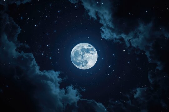 Stunning lunar glow against a deep blue night filled with stars and drifting clouds. Halloween background