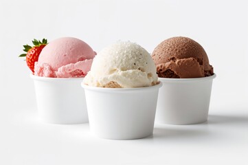 Collection of blank paper cup mockups with scoops of strawberry, vanilla, and chocolate ice cream isolated on a white backdrop