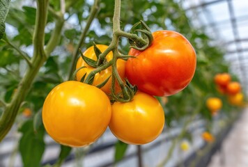 Tomatoes on the vine, inside a greenhouse. Fruit colors range from yellow to reddish-orange, with leafy green stems and diffused background