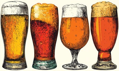 Four glasses of various frothy beverages, rendered in a detailed, vintage etched style against a light background