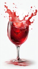 A wine glass with red liquid splashing out, creating a dynamic and vibrant scene against white background