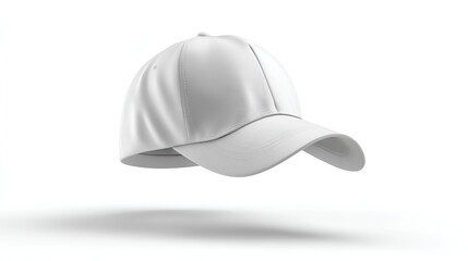 Fototapeta premium A white baseball cap hovers above a white surface casting a faint shadow