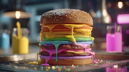 Vibrant and eye-catching multicolored burger topped with a sesame seed bun, showcasing a playful and artistic food creation perfect for attracting attention and sparking joy.