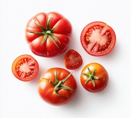 Fresh, bright, ripe tomatoes, whole and sliced, on a white background, casting gentle shadows, from overhead angle