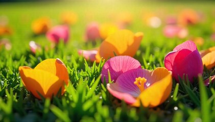 Close-up of vibrant, colorful petals scattered outdoors on lush green grass, bathed in sunlight A delightful scene of nature's beauty, perfect for spring or summer themes , texture, outdoors