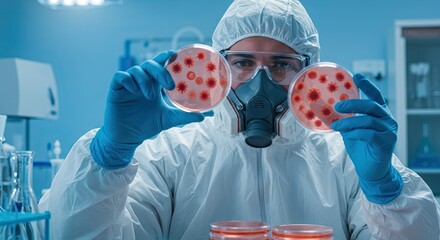 Person in hazmat suit examines petri dishes with cell growths in a bluelit lab