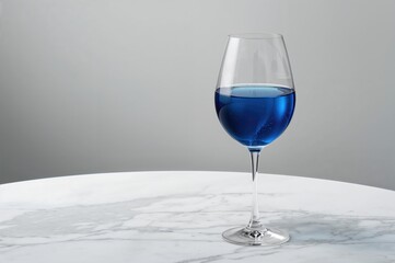Alcoholic beverages in stylish blue glasses on a white marble surface with space for text