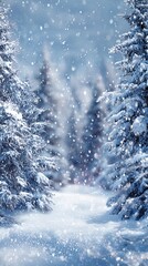 Obraz premium A serene winter landscape featuring snow-covered trees and gently falling snowflakes, creating a magical atmosphere during the holiday season, perfect for seasonal themes.
