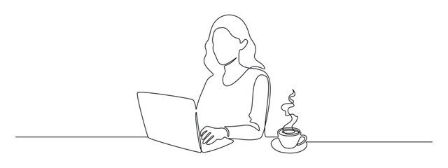 Woman with laptop computer in one continuous line drawing. Symbol of businesswoman and female student in simple linear style. Freelance concept in Editable stroke. Doodle outline vector illustration